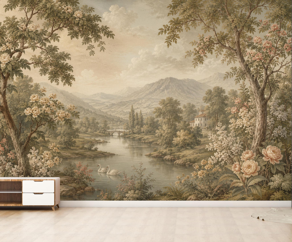 Vintage Landscape Wallpaper Peel and Stick, Romantic Countryside Wall Mural, Floral River Scenic Wallpaper Decor 845LU