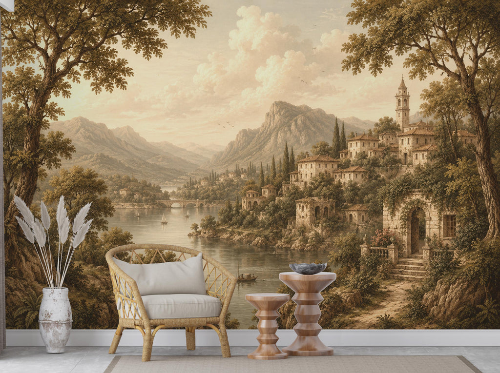 Vintage Medieval Landscape Wallpaper Peel and Stick, European Countryside Wall Mural, Romantic Lake View Wallpaper Decor 847LU