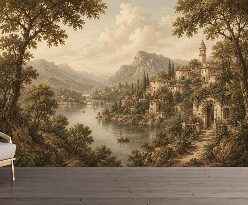 Vintage Medieval Landscape Wallpaper Peel and Stick, European Countryside Wall Mural, Romantic Lake View Wallpaper Decor 847LU