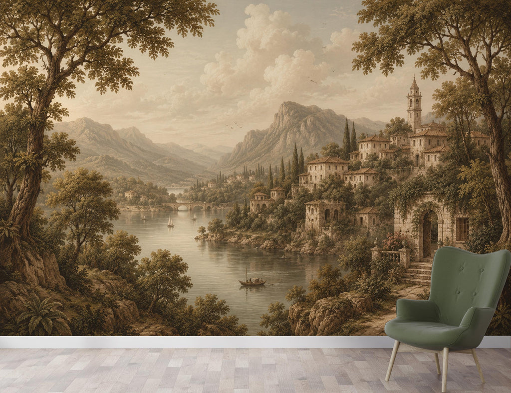 Vintage Medieval Landscape Wallpaper Peel and Stick, European Countryside Wall Mural, Romantic Lake View Wallpaper Decor 847LU