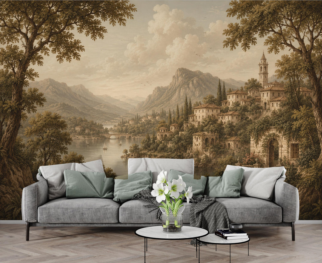 Vintage Medieval Landscape Wallpaper Peel and Stick, European Countryside Wall Mural, Romantic Lake View Wallpaper Decor 847LU