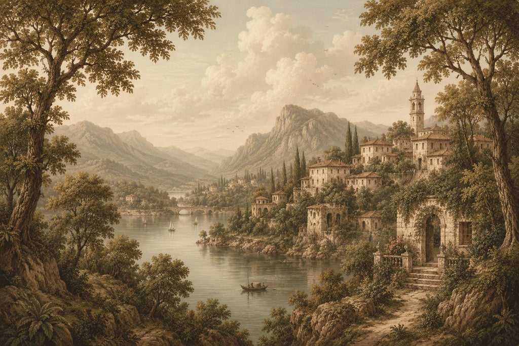 Vintage Medieval Landscape Wallpaper Peel and Stick, European Countryside Wall Mural, Romantic Lake View Wallpaper Decor 847LU