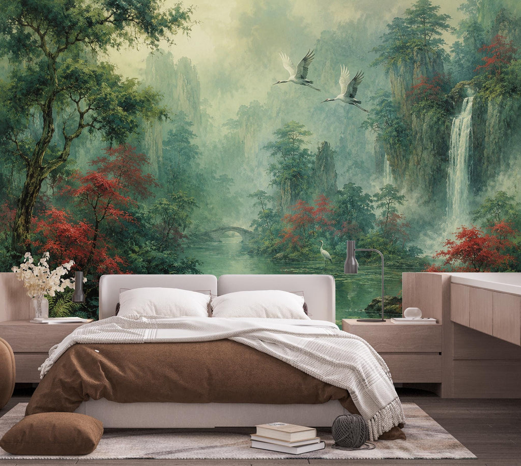 Chinoiserie Landscape Wallpaper Peel and Stick, Asian Crane Wall Mural, Misty Waterfall Botanical Wallpaper Decor, Floral Wallpaper 848LU