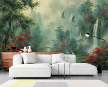 Load image into Gallery viewer, Chinoiserie Landscape Wallpaper Peel and Stick, Asian Crane Wall Mural, Misty Waterfall Botanical Wallpaper Decor, Floral Wallpaper 848LU