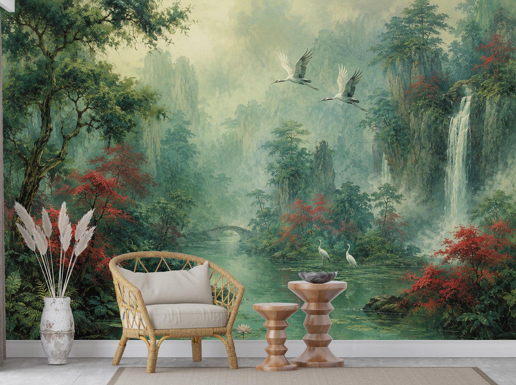 Chinoiserie Landscape Wallpaper Peel and Stick, Asian Crane Wall Mural, Misty Waterfall Botanical Wallpaper Decor, Floral Wallpaper 848LU