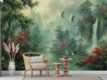 Load image into Gallery viewer, Chinoiserie Landscape Wallpaper Peel and Stick, Asian Crane Wall Mural, Misty Waterfall Botanical Wallpaper Decor, Floral Wallpaper 848LU