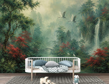 Load image into Gallery viewer, Chinoiserie Landscape Wallpaper Peel and Stick, Asian Crane Wall Mural, Misty Waterfall Botanical Wallpaper Decor, Floral Wallpaper 848LU