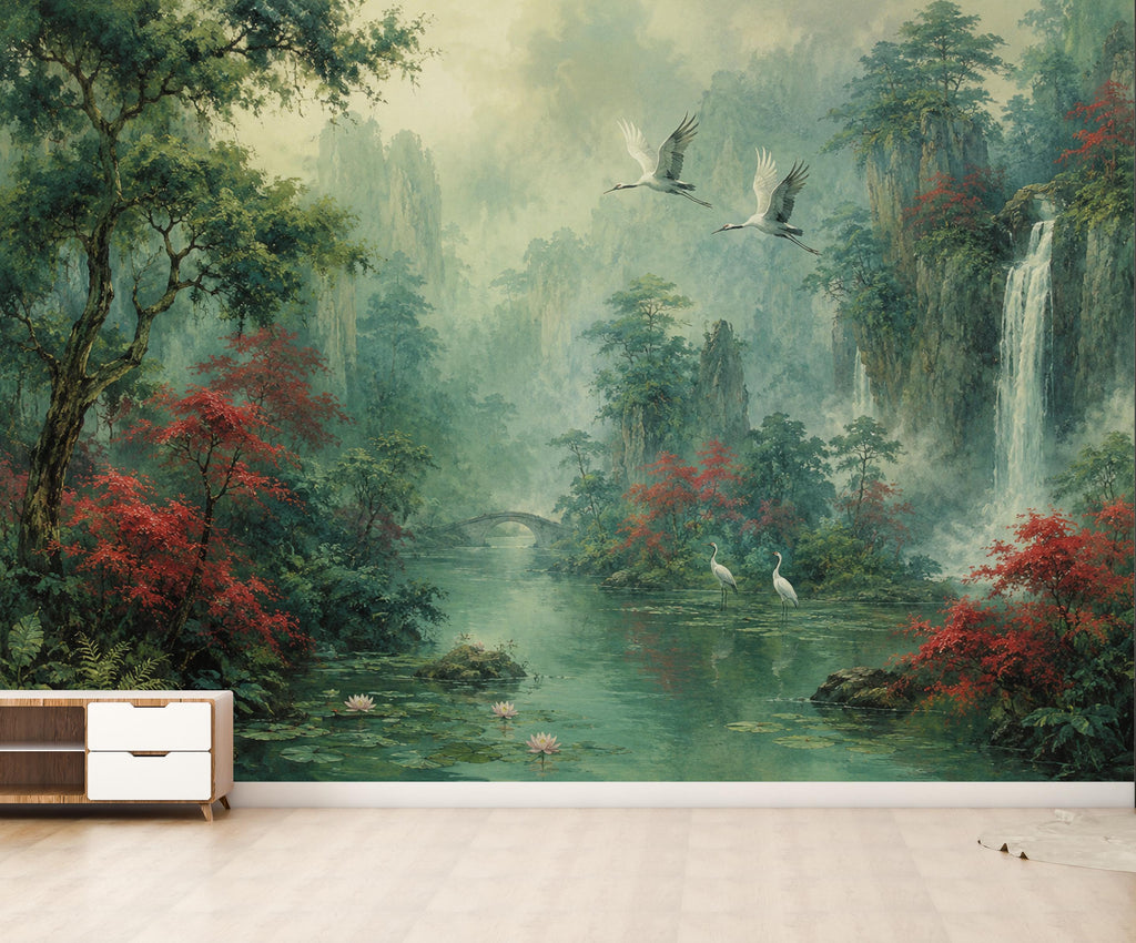 Chinoiserie Landscape Wallpaper Peel and Stick, Asian Crane Wall Mural, Misty Waterfall Botanical Wallpaper Decor, Floral Wallpaper 848LU