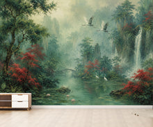 Load image into Gallery viewer, Chinoiserie Landscape Wallpaper Peel and Stick, Asian Crane Wall Mural, Misty Waterfall Botanical Wallpaper Decor, Floral Wallpaper 848LU
