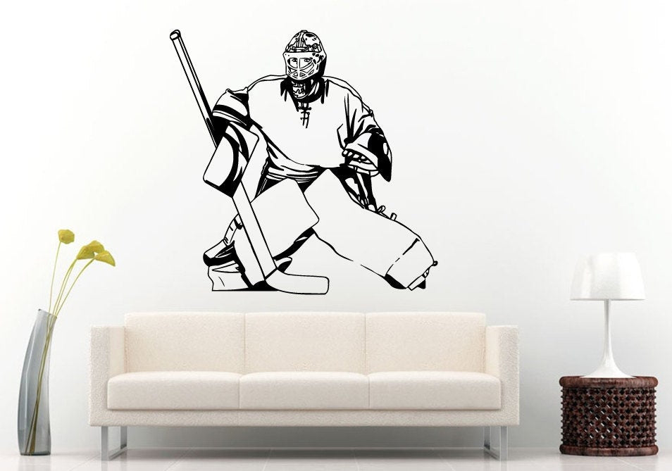 Hockey Player Goalie In Action Playing Hockey Game Sport Puck Stick Against Ice Rink Player Wall Decal Vinyl Sticker Mural Room Decor L800
