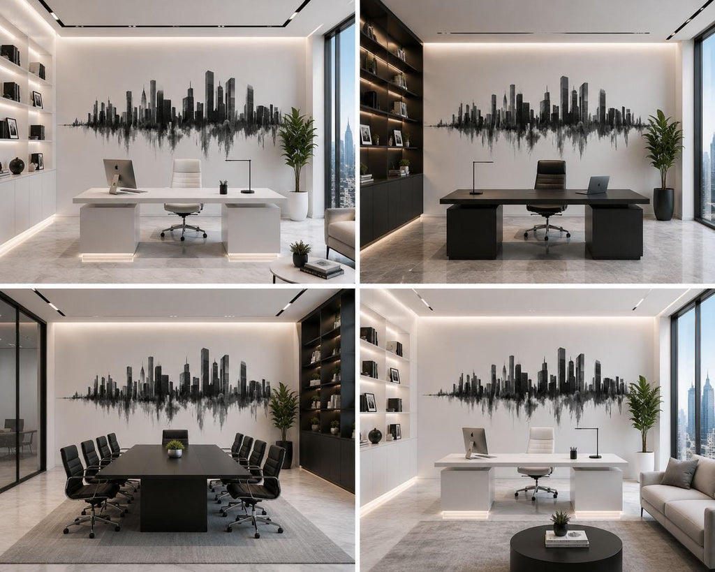 Black And White City Skyline Wall Decal Modern Office Wall Art Urban Business Wall Mural Peel And Stick Decor