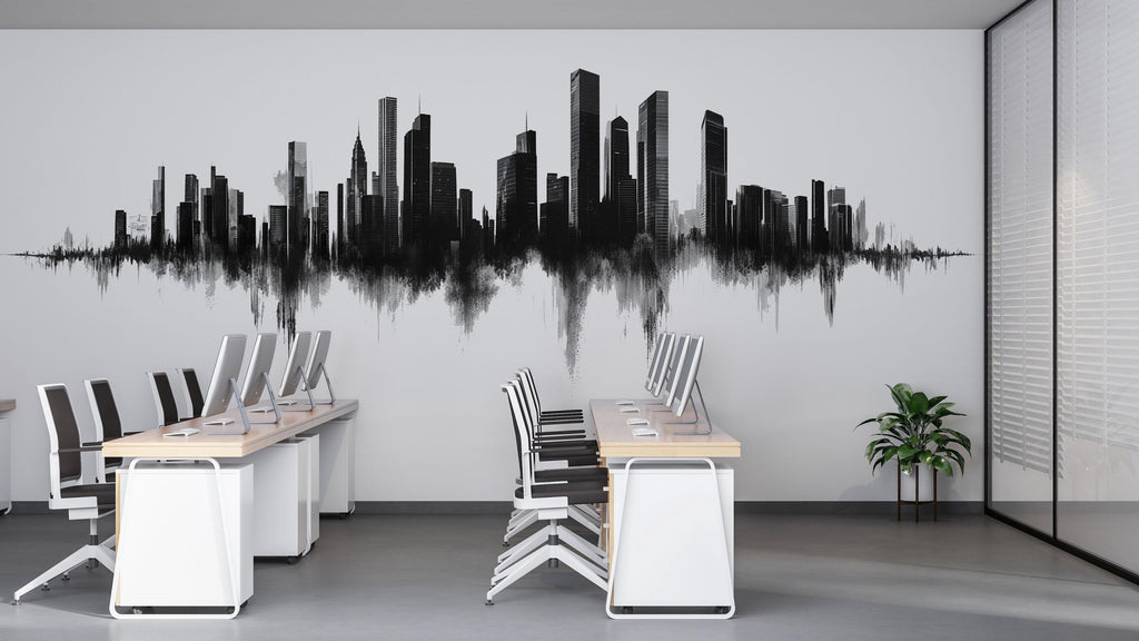 Black And White City Skyline Wall Decal Modern Office Wall Art Urban Business Wall Mural Peel And Stick Decor