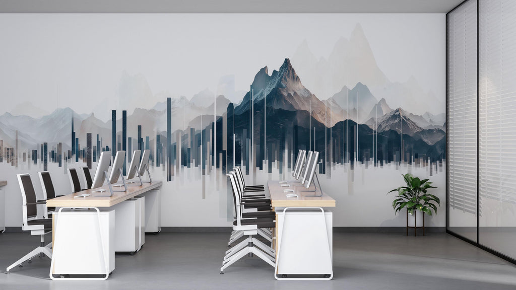 Mountain Skyline Wall Decal Modern Office Wall Art Abstract Cityscape Mural Peel And Stick Business Wall Decor