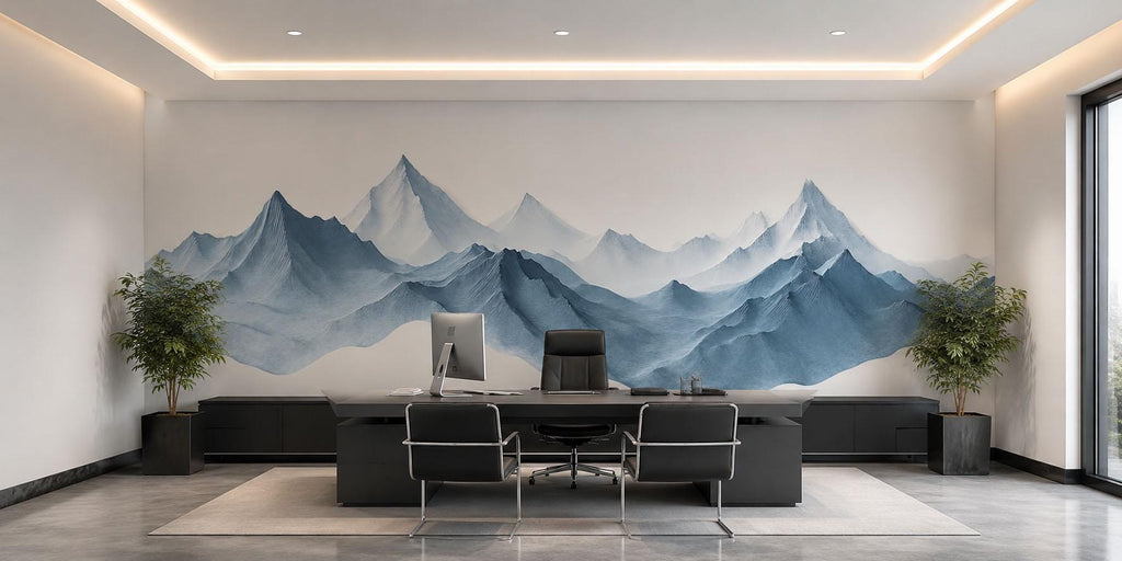Blue Mountain Wall Decal Modern Office Wall Mural Abstract Mountain Landscape Peel And Stick Business Wall Art