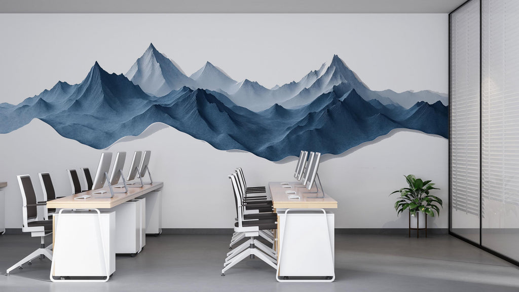 Blue Mountain Wall Decal Modern Office Wall Mural Abstract Mountain Landscape Peel And Stick Business Wall Art