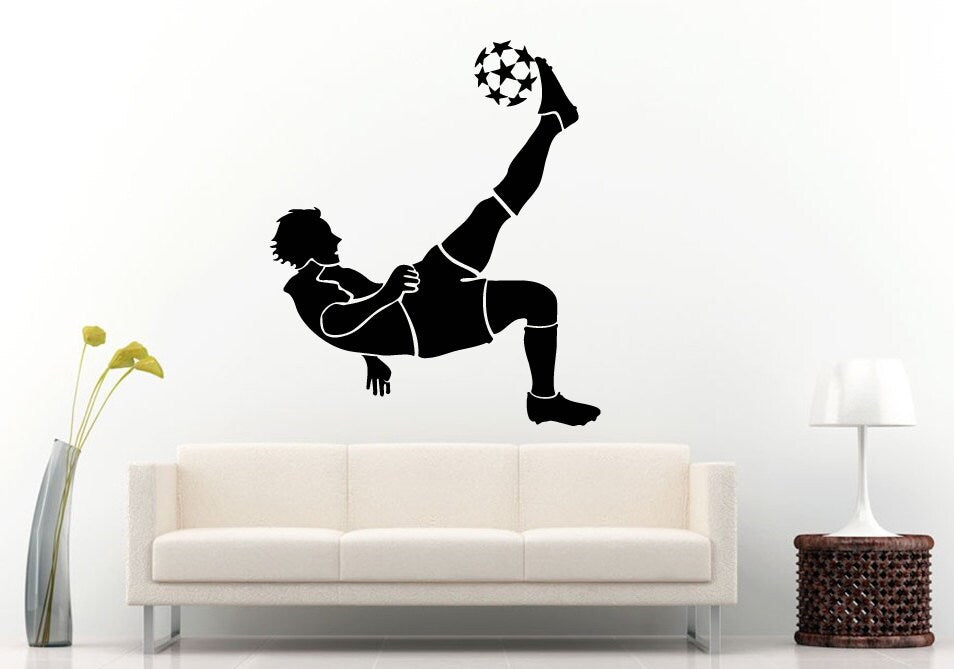 Soccer Game In Action Man Athlete Doing A Scissor Bicycle Kick Ball European Football Sport Wall Decal Vinyl Sticker Mural Room Decor L795