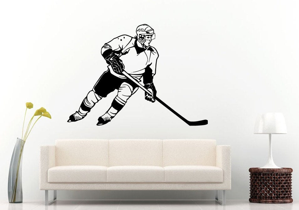 Hockey Player In Action Playing Hockey Game Sport Puck Stick Against Ice Rink Player Wall Decal Vinyl Sticker Mural Room Decor L801
