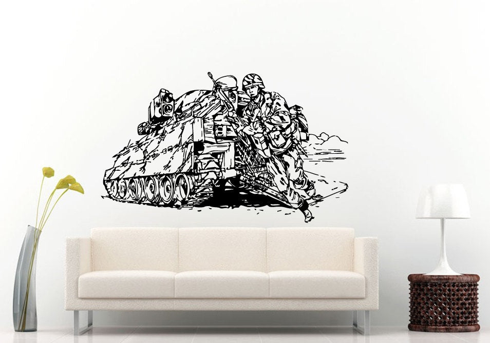 Army Man Soldier With Tank In Action Wall Decal Vinyl Sticker Mural Room Decor L804