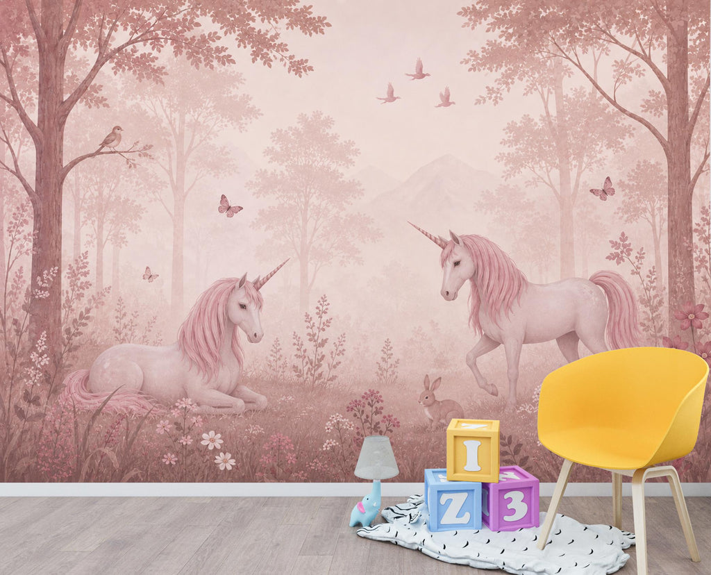 Pink Unicorn Wallpaper Peel and Stick, Fantasy Forest Nursery Wall Mural, Pastel Girls Room Decor, Fairytale Wallpaper 849LU