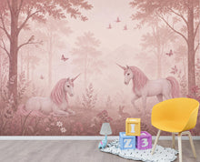 Load image into Gallery viewer, Pink Unicorn Wallpaper Peel and Stick, Fantasy Forest Nursery Wall Mural, Pastel Girls Room Decor, Fairytale Wallpaper 849LU