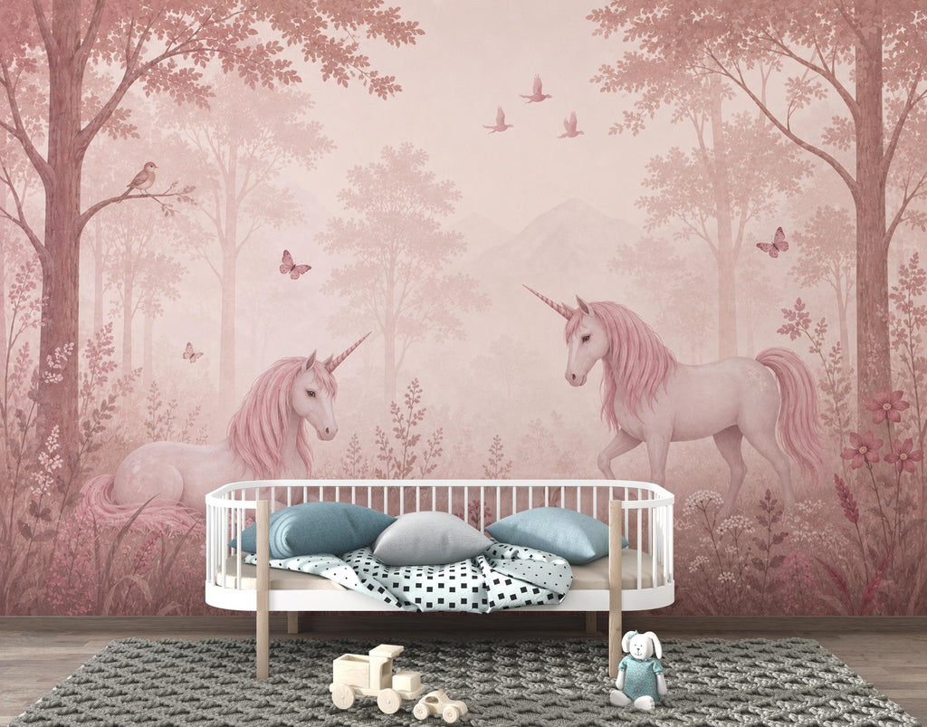 Pink Unicorn Wallpaper Peel and Stick, Fantasy Forest Nursery Wall Mural, Pastel Girls Room Decor, Fairytale Wallpaper 849LU
