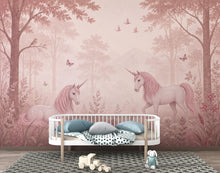 Load image into Gallery viewer, Pink Unicorn Wallpaper Peel and Stick, Fantasy Forest Nursery Wall Mural, Pastel Girls Room Decor, Fairytale Wallpaper 849LU