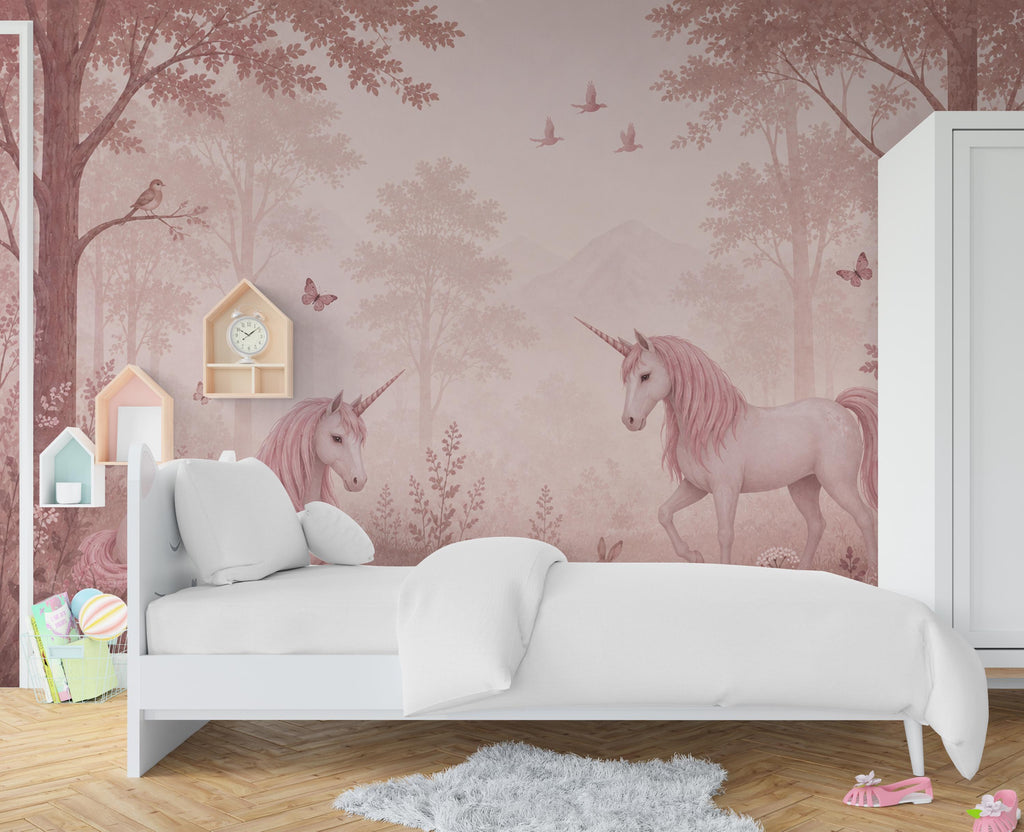 Pink Unicorn Wallpaper Peel and Stick, Fantasy Forest Nursery Wall Mural, Pastel Girls Room Decor, Fairytale Wallpaper 849LU