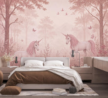 Load image into Gallery viewer, Pink Unicorn Wallpaper Peel and Stick, Fantasy Forest Nursery Wall Mural, Pastel Girls Room Decor, Fairytale Wallpaper 849LU