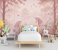 Load image into Gallery viewer, Pink Unicorn Wallpaper Peel and Stick, Fantasy Forest Nursery Wall Mural, Pastel Girls Room Decor, Fairytale Wallpaper 849LU
