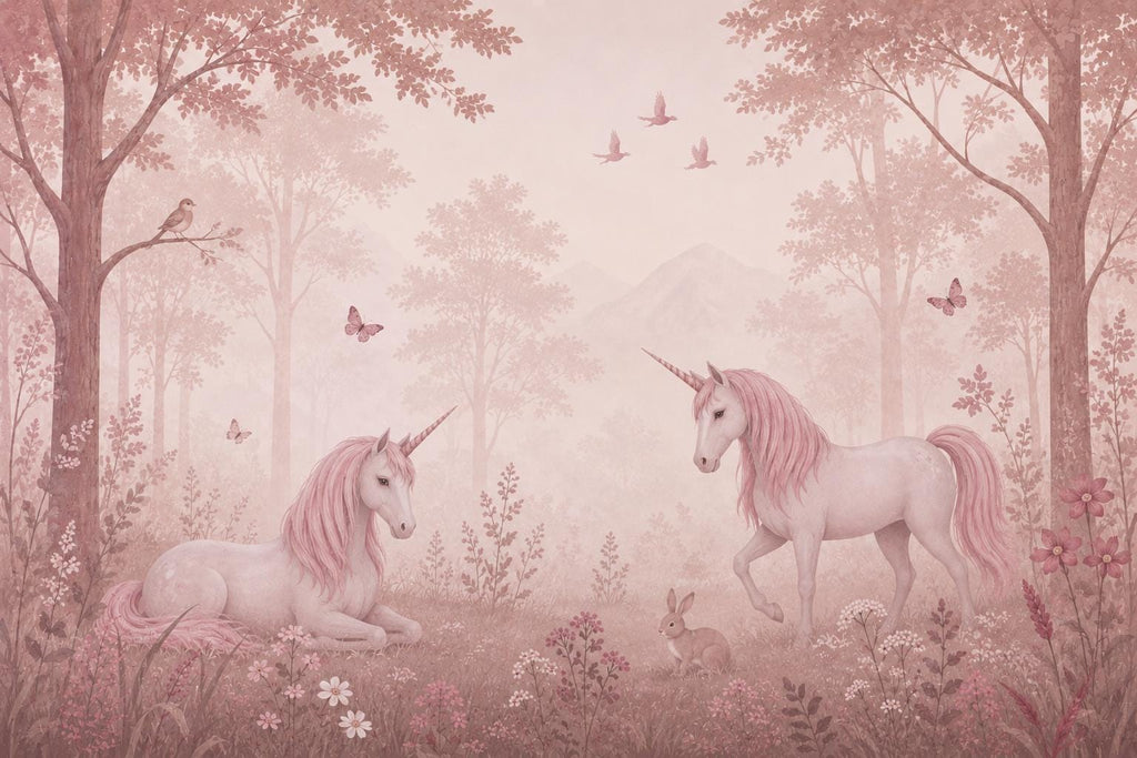 Pink Unicorn Wallpaper Peel and Stick, Fantasy Forest Nursery Wall Mural, Pastel Girls Room Decor, Fairytale Wallpaper 849LU