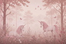 Load image into Gallery viewer, Pink Unicorn Wallpaper Peel and Stick, Fantasy Forest Nursery Wall Mural, Pastel Girls Room Decor, Fairytale Wallpaper 849LU