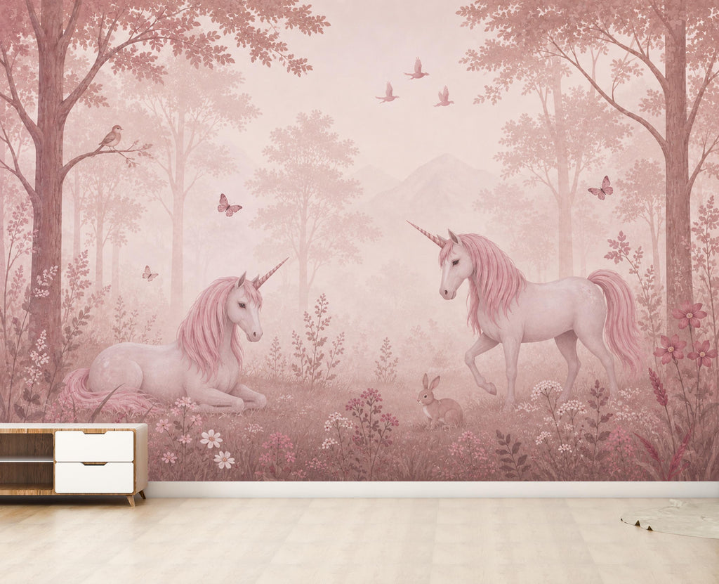 Pink Unicorn Wallpaper Peel and Stick, Fantasy Forest Nursery Wall Mural, Pastel Girls Room Decor, Fairytale Wallpaper 849LU