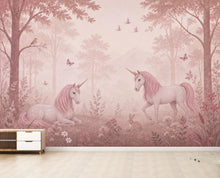 Load image into Gallery viewer, Pink Unicorn Wallpaper Peel and Stick, Fantasy Forest Nursery Wall Mural, Pastel Girls Room Decor, Fairytale Wallpaper 849LU