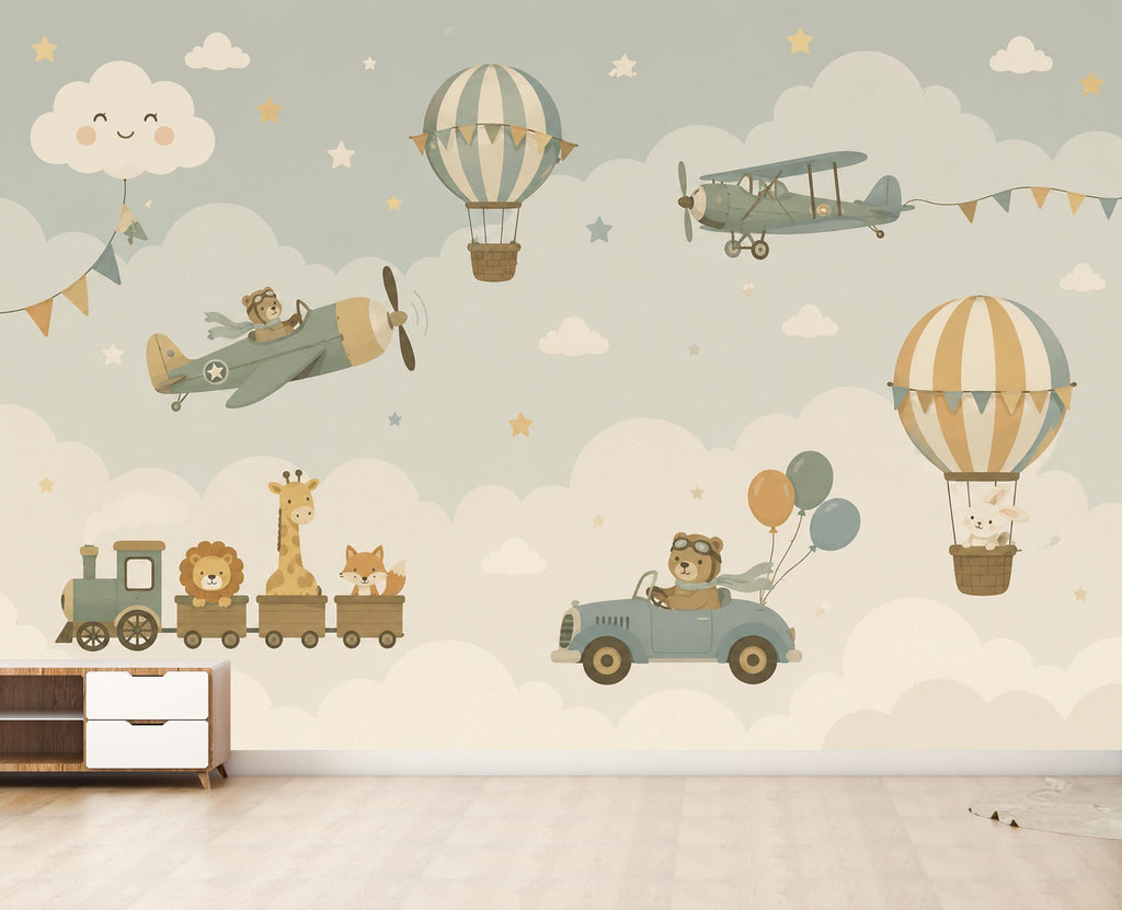 Adventure Nursery Wallpaper Peel and Stick, Airplane Hot Air Balloon Train Car & Animals Kids Wall Mural, Neutral Baby Room Wallpaper 850LU