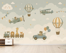 Load image into Gallery viewer, Adventure Nursery Wallpaper Peel and Stick, Airplane Hot Air Balloon Train Car &amp; Animals Kids Wall Mural, Neutral Baby Room Wallpaper 850LU