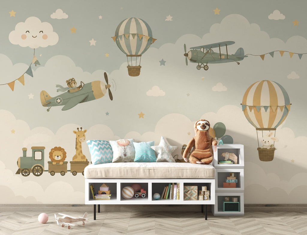 Adventure Nursery Wallpaper Peel and Stick, Airplane Hot Air Balloon Train Car & Animals Kids Wall Mural, Neutral Baby Room Wallpaper 850LU