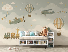 Load image into Gallery viewer, Adventure Nursery Wallpaper Peel and Stick, Airplane Hot Air Balloon Train Car &amp; Animals Kids Wall Mural, Neutral Baby Room Wallpaper 850LU