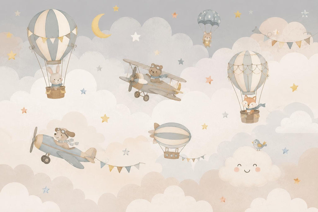 Vintage Airplane Nursery Wallpaper Peel and Stick, Hot Air Balloon Baby Wall Mural, Neutral Kids Room Decor, Woodland Animals Mural 851LU