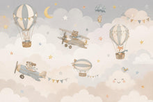Load image into Gallery viewer, Vintage Airplane Nursery Wallpaper Peel and Stick, Hot Air Balloon Baby Wall Mural, Neutral Kids Room Decor, Woodland Animals Mural 851LU