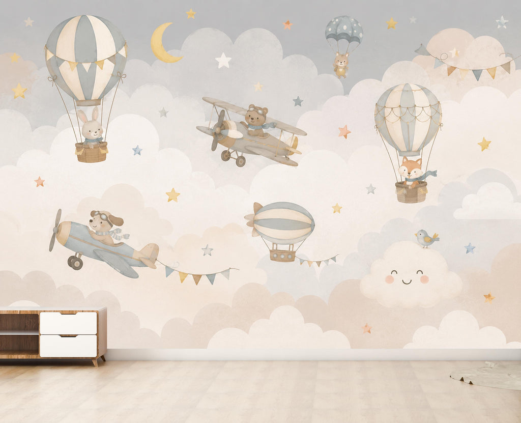 Vintage Airplane Nursery Wallpaper Peel and Stick, Hot Air Balloon Baby Wall Mural, Neutral Kids Room Decor, Woodland Animals Mural 851LU