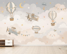 Load image into Gallery viewer, Vintage Airplane Nursery Wallpaper Peel and Stick, Hot Air Balloon Baby Wall Mural, Neutral Kids Room Decor, Woodland Animals Mural 851LU