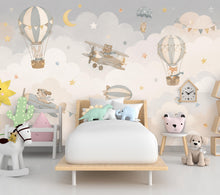 Load image into Gallery viewer, Vintage Airplane Nursery Wallpaper Peel and Stick, Hot Air Balloon Baby Wall Mural, Neutral Kids Room Decor, Woodland Animals Mural 851LU