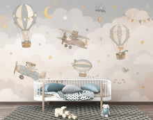 Load image into Gallery viewer, Vintage Airplane Nursery Wallpaper Peel and Stick, Hot Air Balloon Baby Wall Mural, Neutral Kids Room Decor, Woodland Animals Mural 851LU