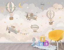 Load image into Gallery viewer, Vintage Airplane Nursery Wallpaper Peel and Stick, Hot Air Balloon Baby Wall Mural, Neutral Kids Room Decor, Woodland Animals Mural 851LU