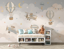 Load image into Gallery viewer, Vintage Airplane Nursery Wallpaper Peel and Stick, Hot Air Balloon Baby Wall Mural, Neutral Kids Room Decor, Woodland Animals Mural 851LU