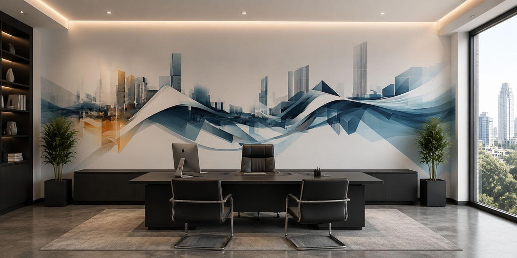 Abstract City Skyline Wall Decal Modern Office Wall Mural Blue Gold Corporate Peel And Stick Wall Art Large Business Decor