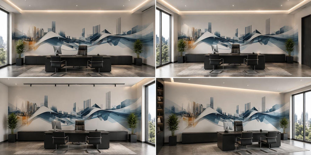 Abstract City Skyline Wall Decal Modern Office Wall Mural Blue Gold Corporate Peel And Stick Wall Art Large Business Decor