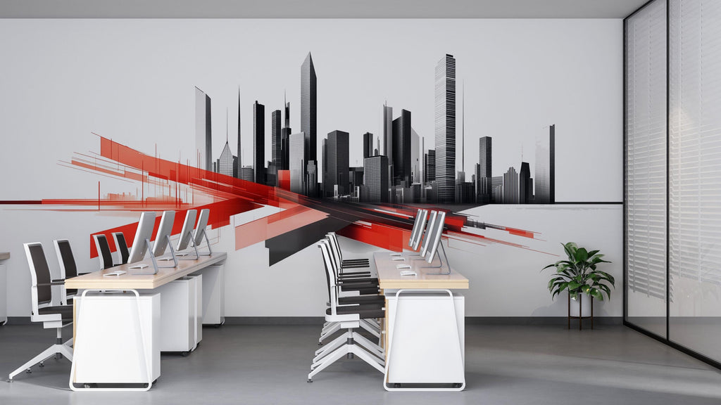 Modern City Skyline Wall Decal Red Black Office Wall Mural Corporate Peel And Stick Wall Art Startup Workspace Decor