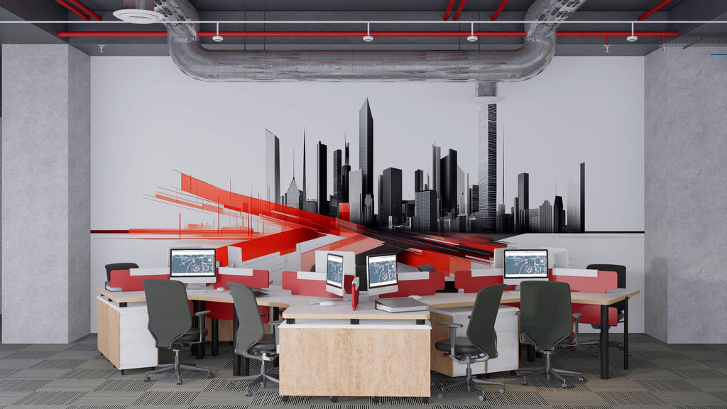 Modern City Skyline Wall Decal Red Black Office Wall Mural Corporate Peel And Stick Wall Art Startup Workspace Decor
