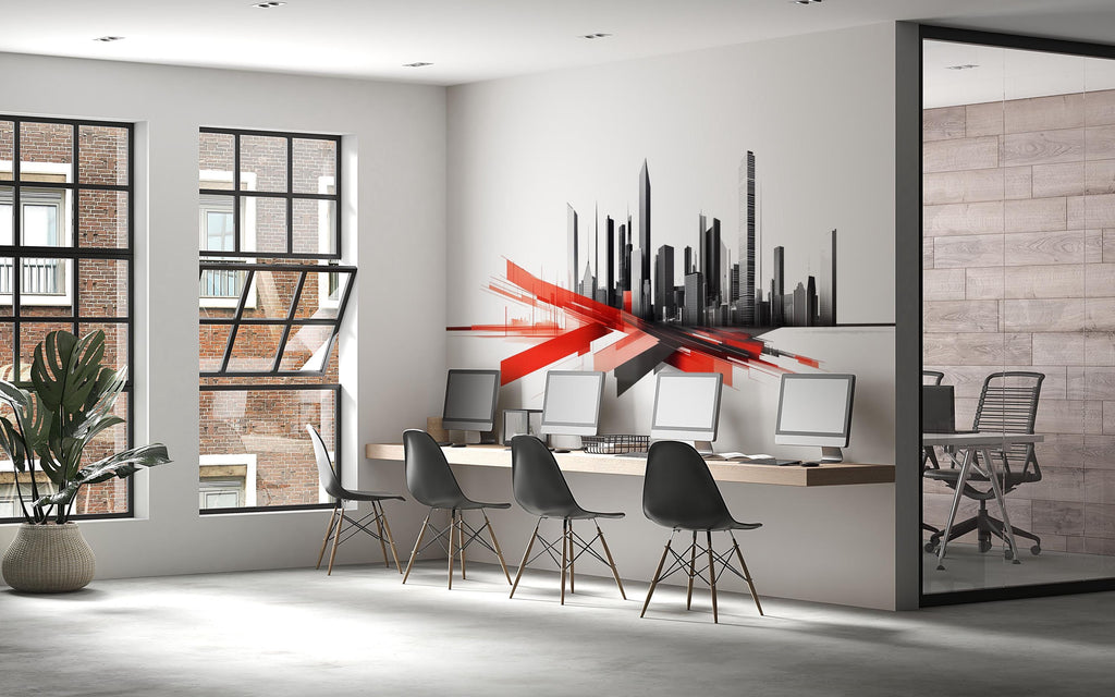 Modern City Skyline Wall Decal Red Black Office Wall Mural Corporate Peel And Stick Wall Art Startup Workspace Decor